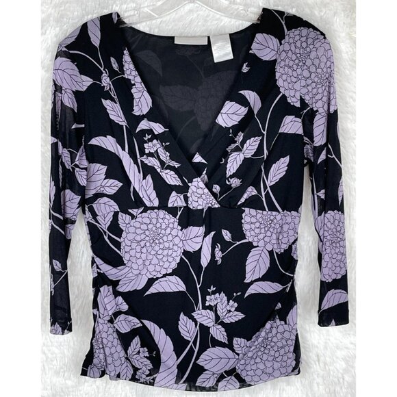 Worthington Large Black & Purple Sheer 3/4 Sleeve Floral Top Surplice Neck - Picture 1 of 6